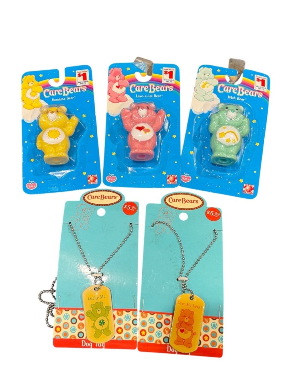 Vintage Care Bears dog tag necklaces + bear figurines LOT 5 bundle Y2K New.